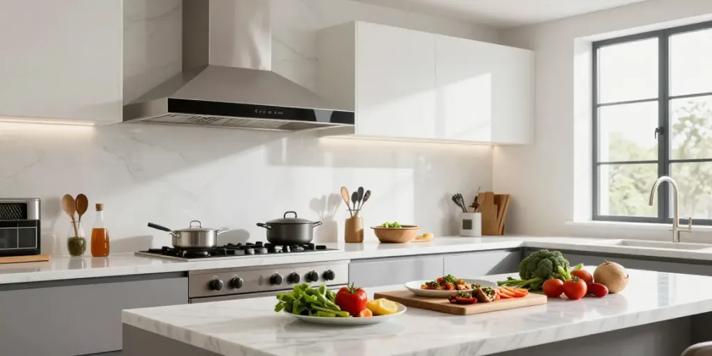 Hotte aspirante murale moderne dans une cuisine élégante avec un chef en train de cuisiner.