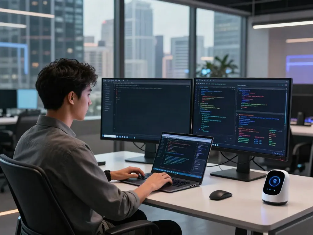 Engaging in an uncensored AI chat on dual screens in a modern tech workspace.