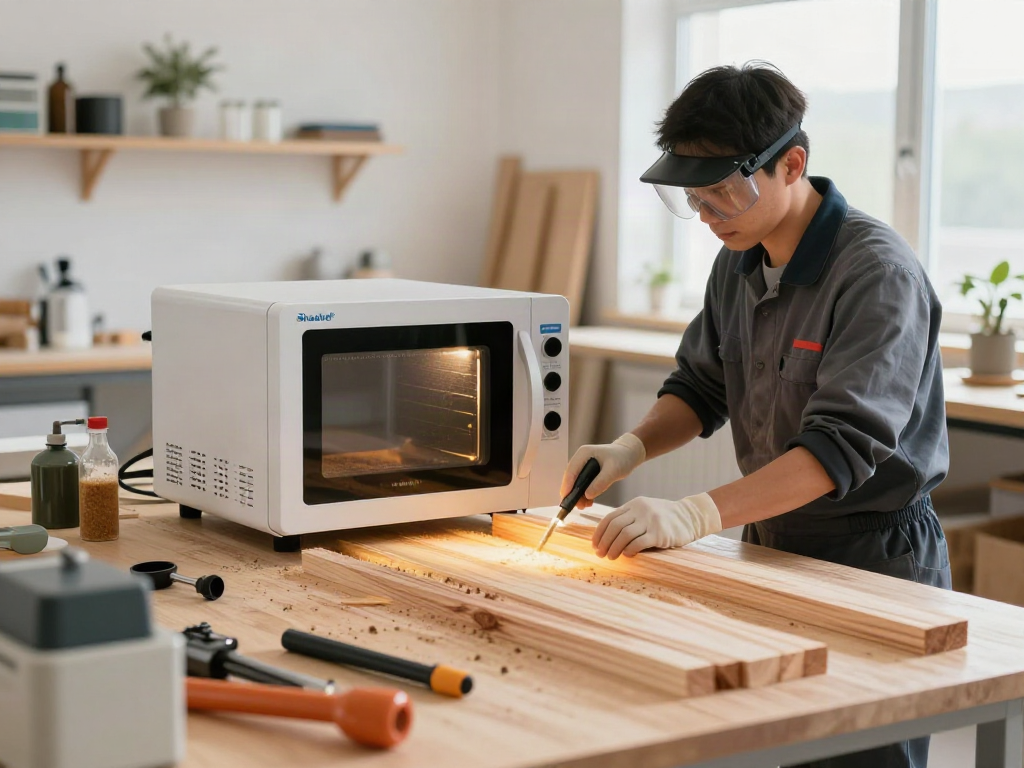 Traitement du bois avec Shashel® dans un atelier moderne, dispositif de micro-ondes en utilisation.