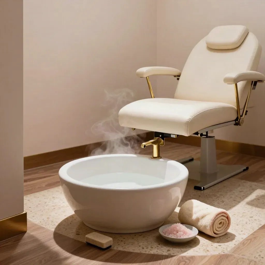 Bassine de pédicure en céramique fumante avec serviette roulée et fauteuil en arrière-plan.