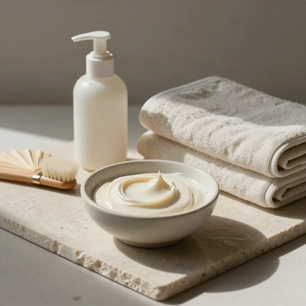 Rituel de soin du visage avec masque ivoire, bol en céramique et serviette plissée sur pierre claire.