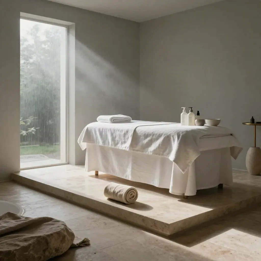 Cabine spa lumineuse avec table de soin, serviettes, bols et flacons dans une lumière du matin