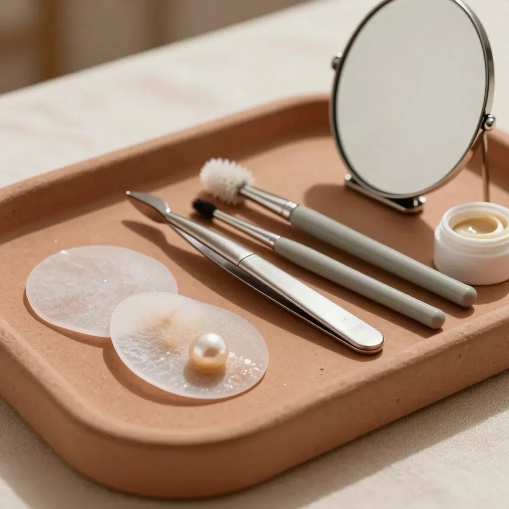 Plateau de cils et sourcils avec pads silicone, pince, brosses spoolie, coupelles et miroir.