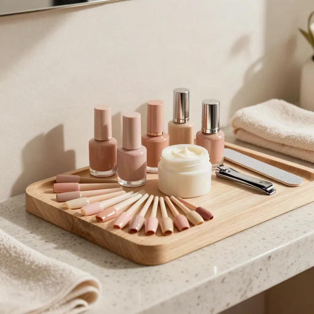Bar à manucure lumineux avec flacons nude, capsules brillantes et outils en acier.