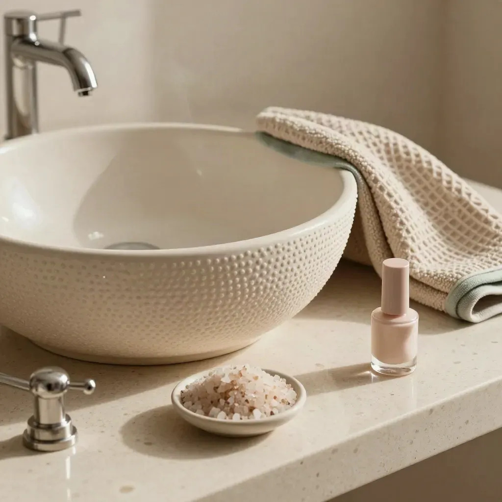 Bassine de pédicure en céramique avec sel de bain, pierre ponce et serviette gaufrée, ambiance spa.