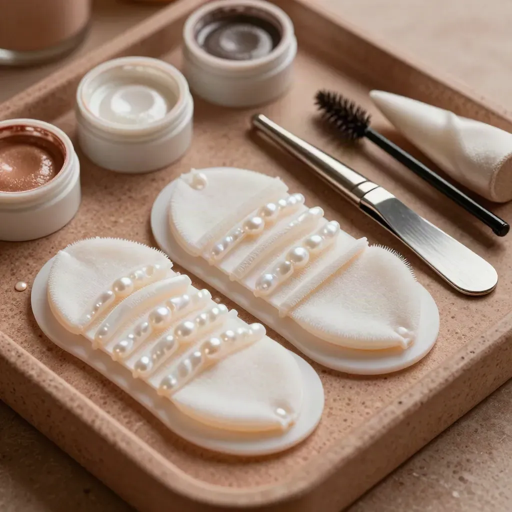 Kit cils et sourcils raffiné avec pads, pince courbe, coupelles et miroir ovale.