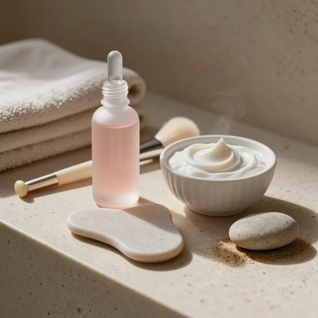 Gros plan de soins avec flacon pipette, pierre de gua sha, pinceau et bol sur travertin.