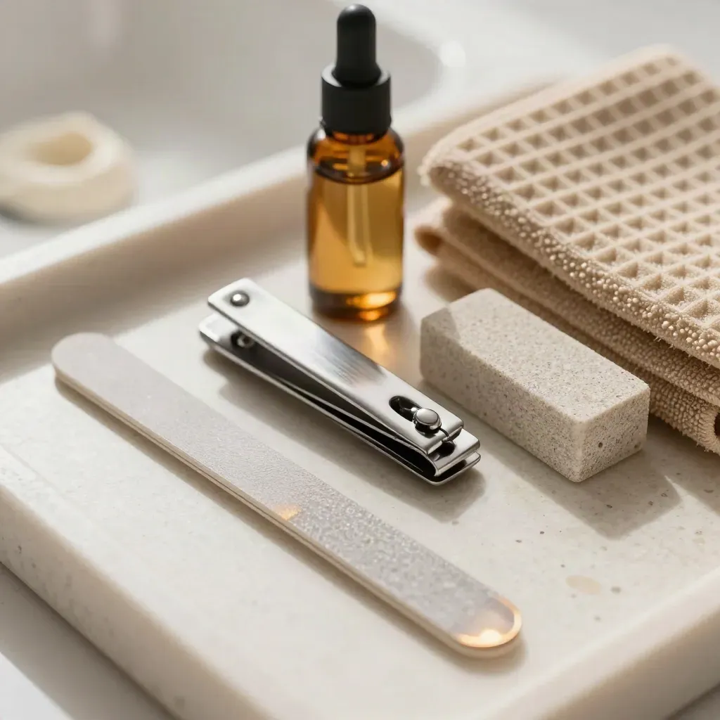 Gros plan d’outils de manucure-pédicure sur pierre claire et serviette gaufrée.