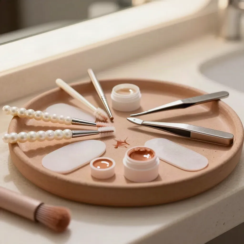 Vue macro des outils de lash et brow sur support en céramique, avec pigments et pince courbe.