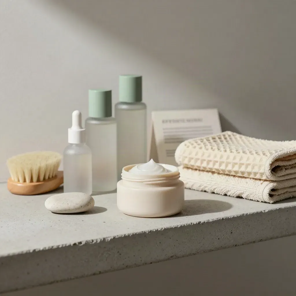 Baume, flacons, brosse douce et serviette sur étagère minérale après soin.