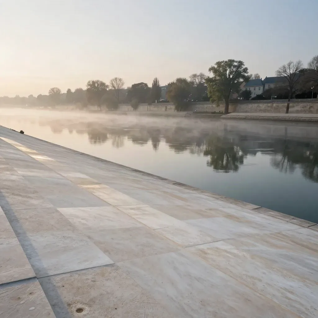 Rive lumineuse du Val-de-Marne au crépuscule, pierre claire et reflet de la Marne.
