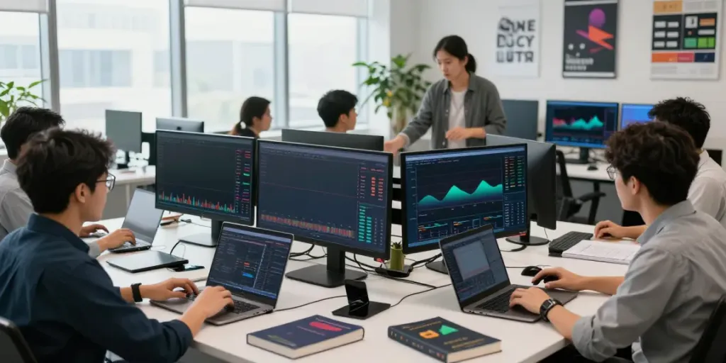 Scène de trading dynamique illustrant l'actualité crypto et DeFi dans un bureau moderne.